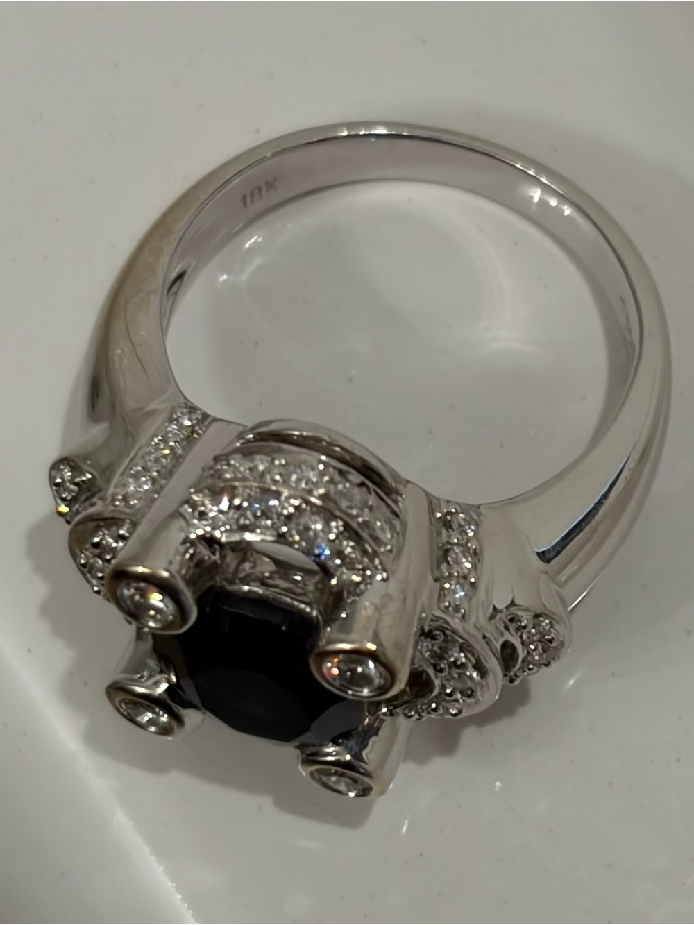 Custom Made Elegant Blue Sapphire and Diamond Halo Ring - Picture 2 of 4
